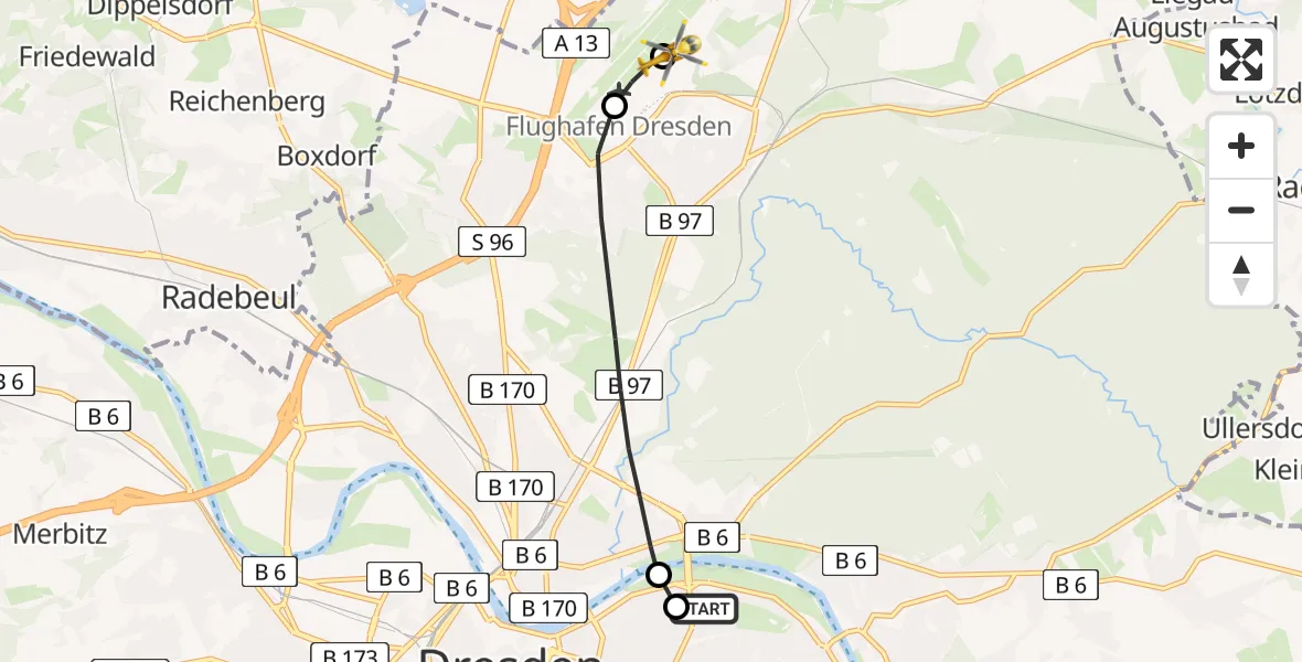 Routekaart van de vlucht: Rettungshubschrauber nach Dresden Bundespolizei Hubschrauberlandeplatz