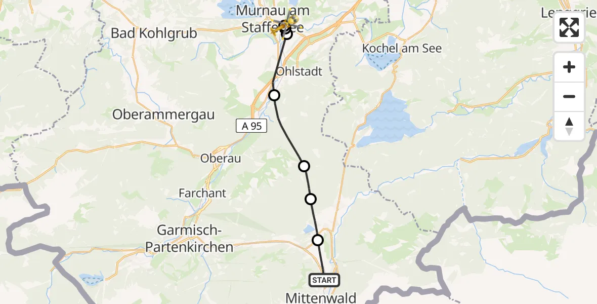 Routekaart van de vlucht: Rettungshubschrauber nach Murnau Accident Hospital