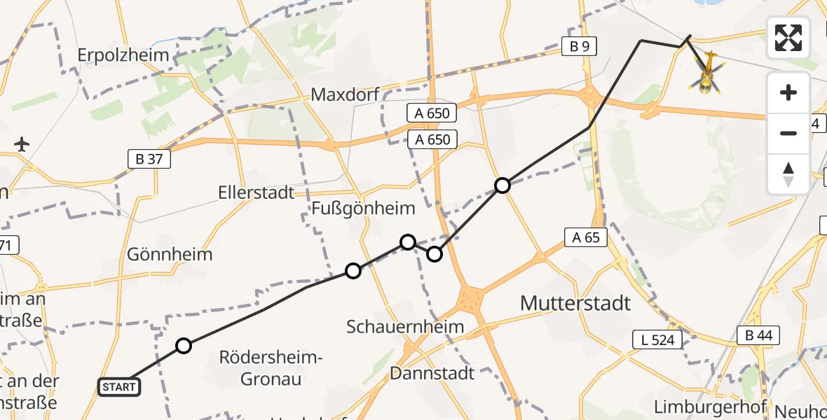 Routekaart van de vlucht: Rettungshubschrauber nach Ludwigshafen Accident Hospital Hubschrauberlandeplatz