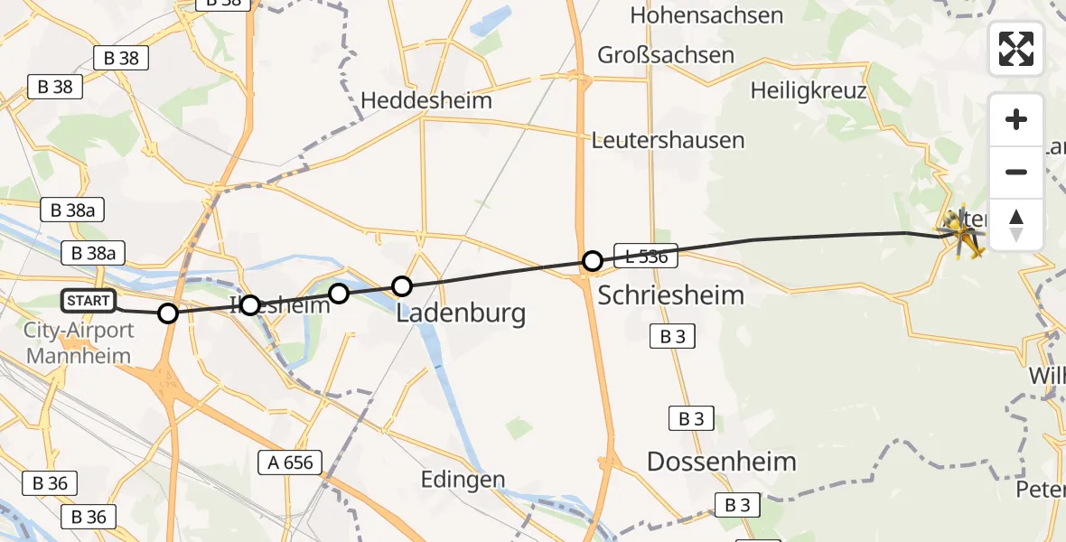 Flugroute Rettungshubschrauber Mannheim-City Flughafen - Schriesheim, 03 April 2026, 10:22