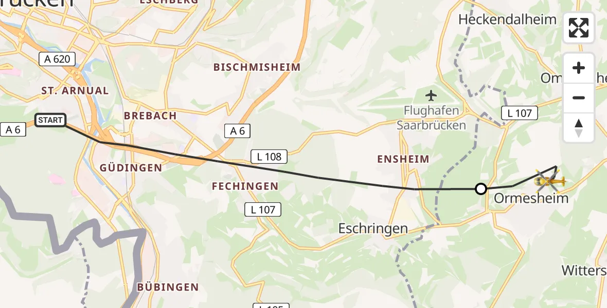 Flugroute Rettungshubschrauber Saarbrücken - Mandelbachtal, 03 April 2026, 10:25