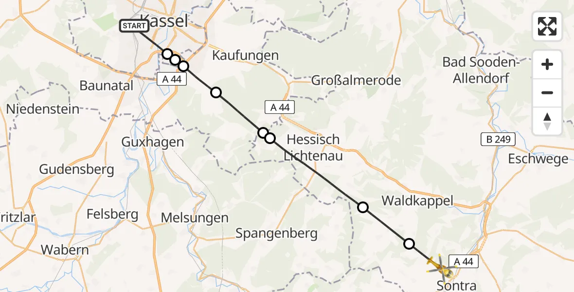 Routekaart van de vlucht: Rettungshubschrauber nach Dornberg-Sontra Flugplatz