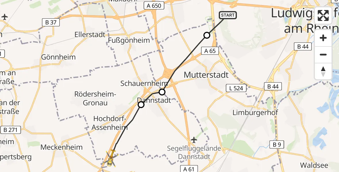 Flugroute Rettungshubschrauber Ludwigshafen am Rhein - Hochdorf-Assenheim, 03 April 2026, 11:03
