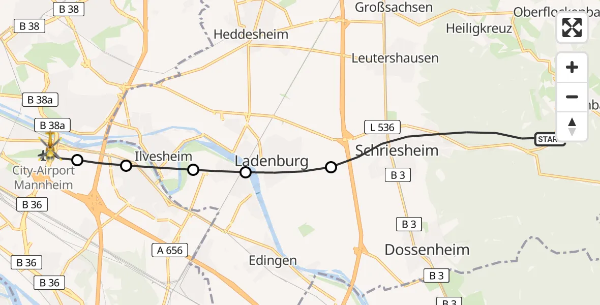 Routekaart van de vlucht: Rettungshubschrauber nach Mannheim-City Flughafen