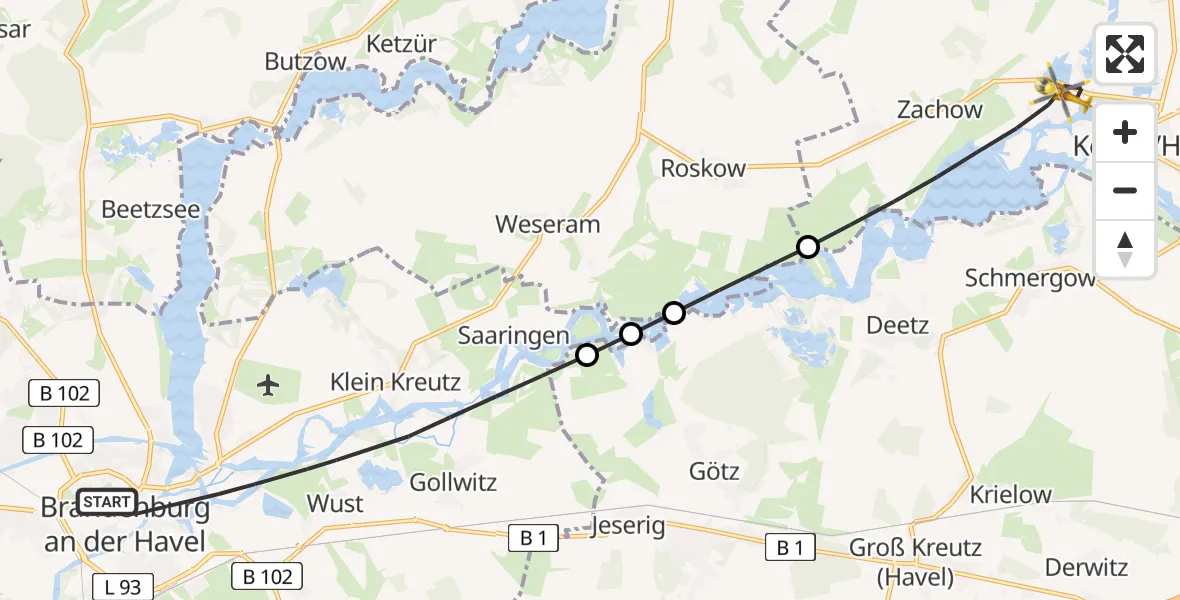 Flugroute Rettungshubschrauber Brandenburg an der Havel - Ketzin/Havel, 03 April 2026, 11:18