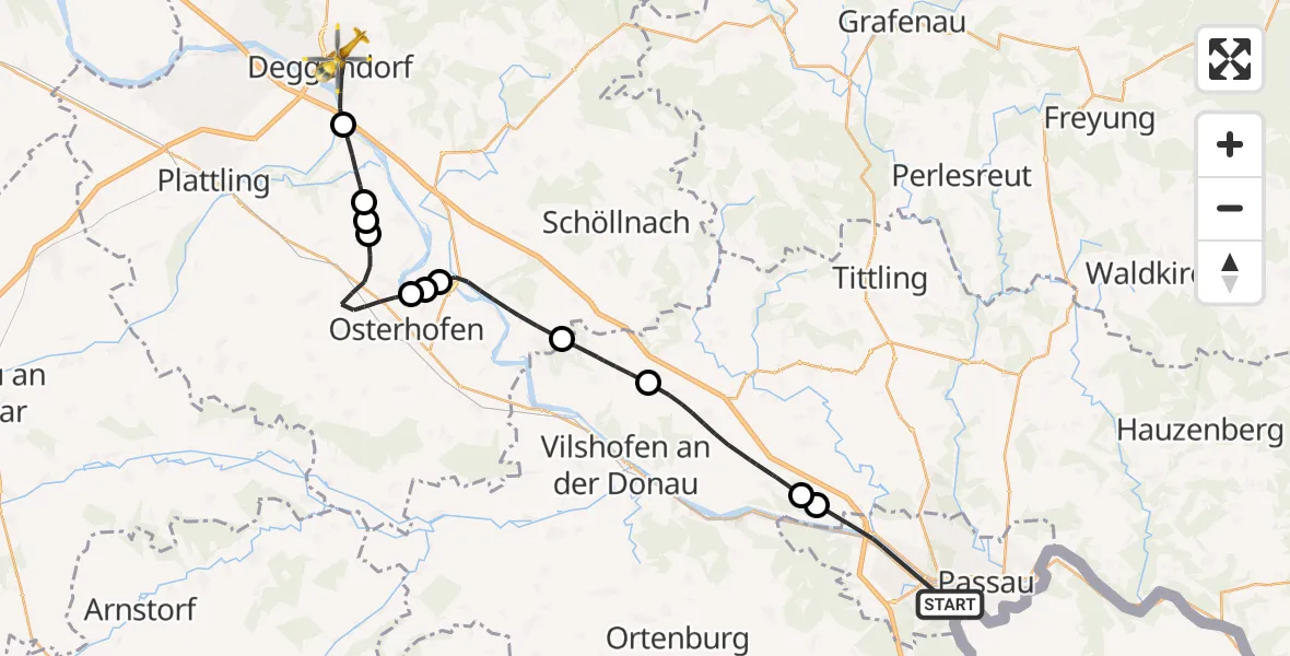 Routekaart van de vlucht: Rettungshubschrauber nach Deggendorf, Perlasberger Straße