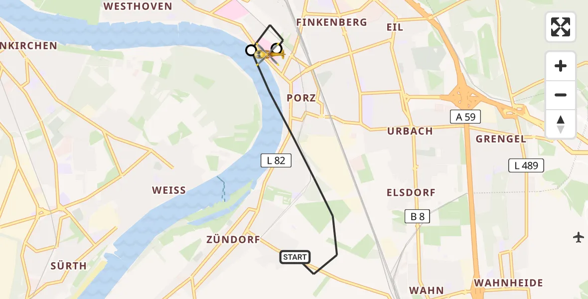Flugroute Rettungshubschrauber Köln - Porz am Rhein Hospital, 03 April 2026, 11:22