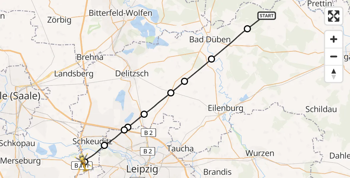 Routekaart van de vlucht: Rettungshubschrauber nach ADAC Air Rescue Station Leipzig/Schkeuditz-Dölzig Hubschrauberlandeplatz (Christoph 61)