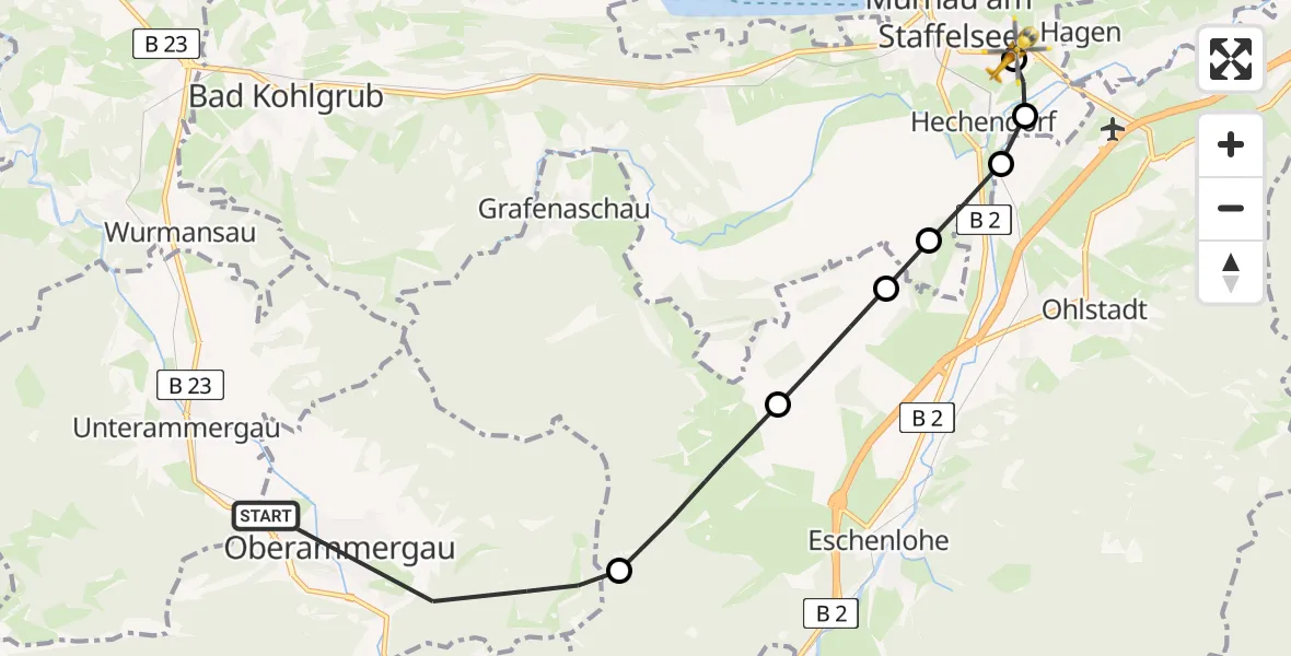 Routekaart van de vlucht: Rettungshubschrauber nach Murnau Accident Hospital