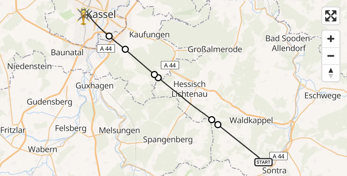 Routekaart van de vlucht: Rettungshubschrauber nach Kassel, Hansteinstraße