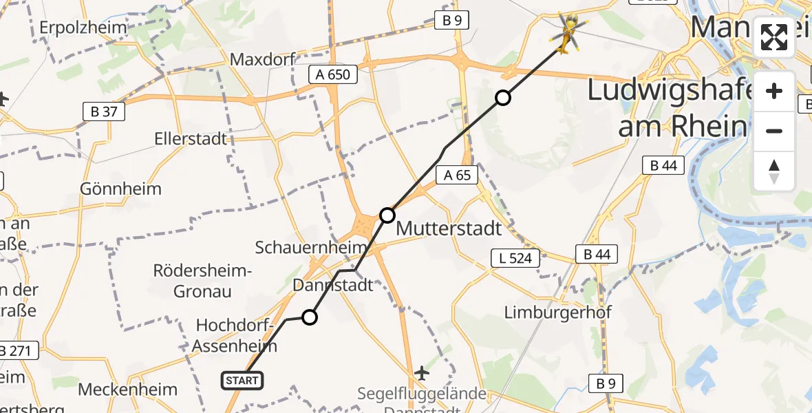 Routekaart van de vlucht: Rettungshubschrauber nach Ludwigshafen am Rhein, Mannheimer Straße