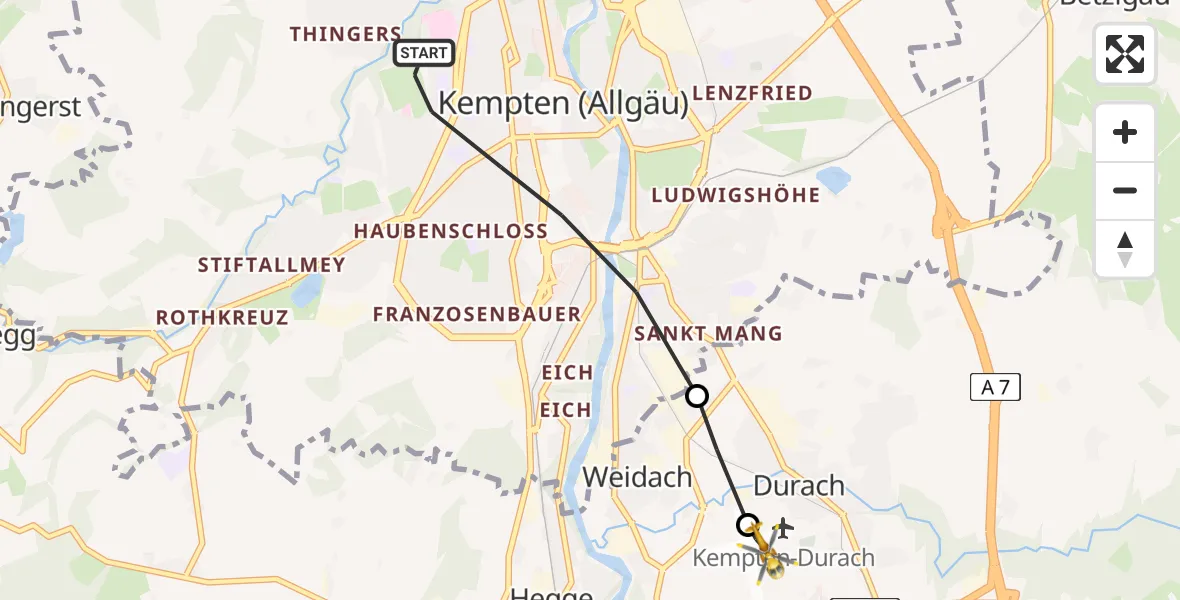 Routekaart van de vlucht: Rettungshubschrauber nach Kempten-Durach Flugplatz