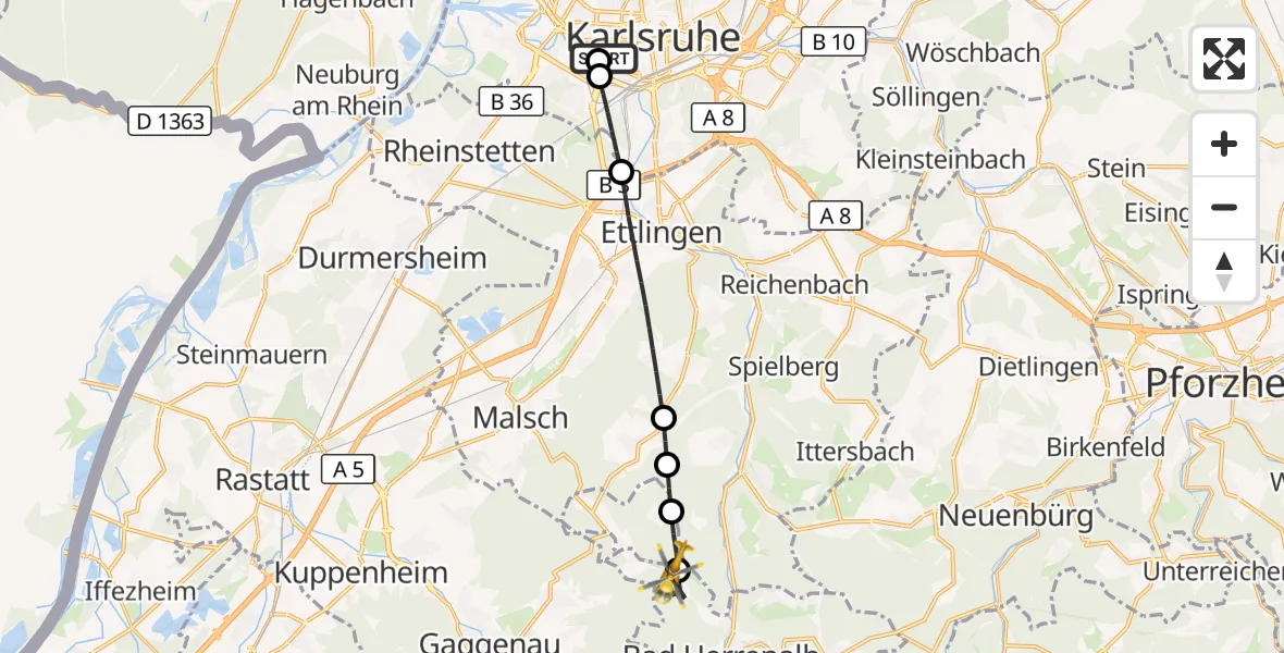 Flugroute Rettungshubschrauber Sankt Vincentius Hospital - Bad Herrenalb, 03 April 2026, 11:43