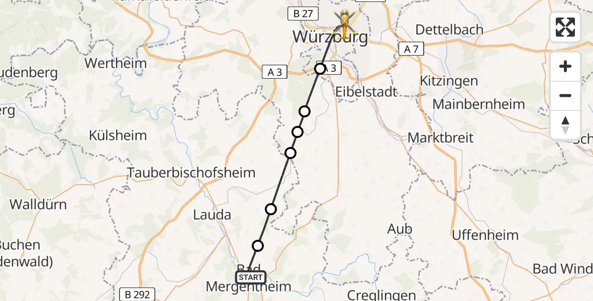 Routekaart van de vlucht: Rettungshubschrauber nach Würzburg University Hospital Rooftop
