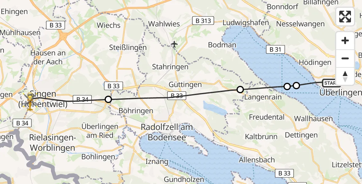 Routekaart van de vlucht: Rettungshubschrauber nach Singen (Hohentwiel), Virchowstraße