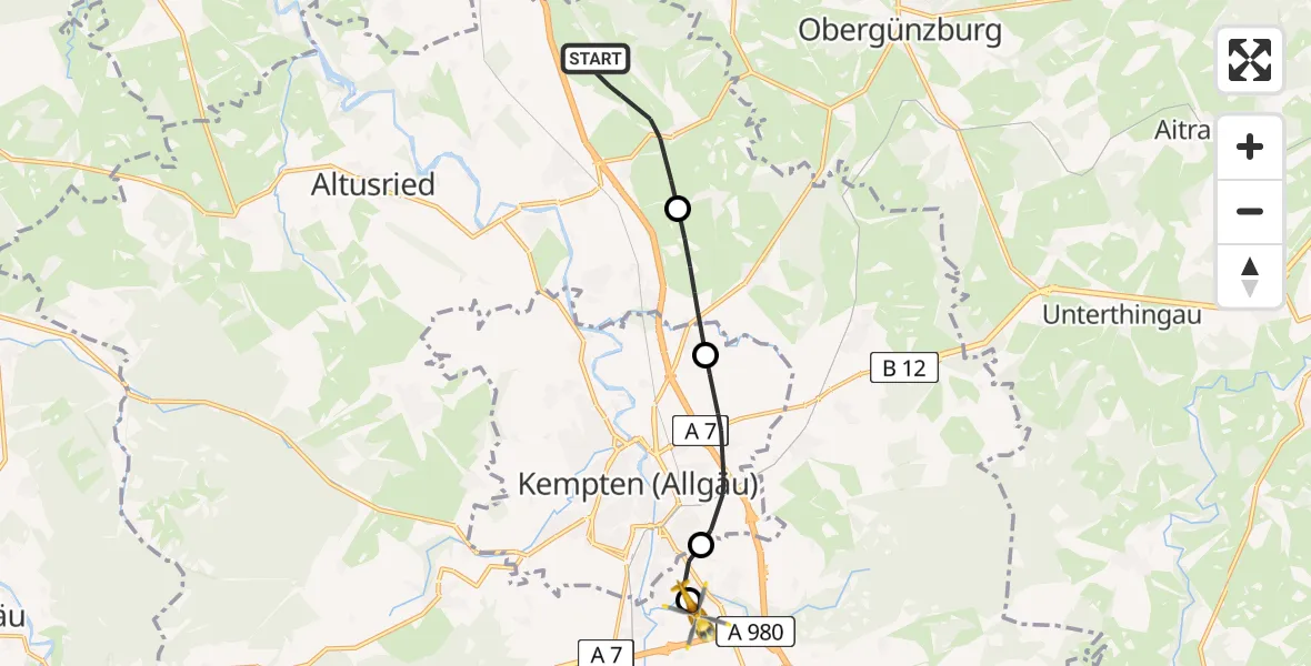 Routekaart van de vlucht: Rettungshubschrauber nach Kempten-Durach Flugplatz