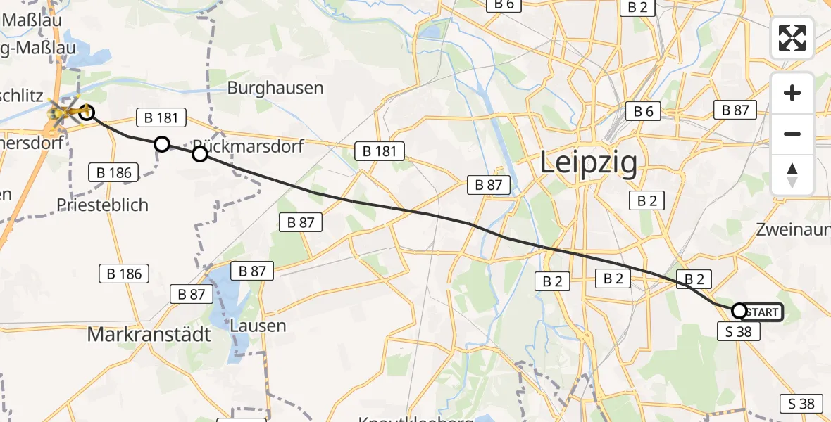 Routekaart van de vlucht: Rettungshubschrauber nach ADAC Air Rescue Station Leipzig/Schkeuditz-Dölzig Hubschrauberlandeplatz (Christoph 61)