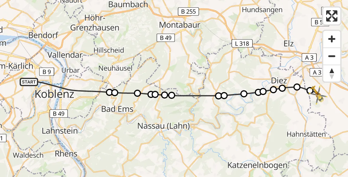 Flugroute Rettungshubschrauber Koblenz - Hünfelden, 03 April 2026, 12:26