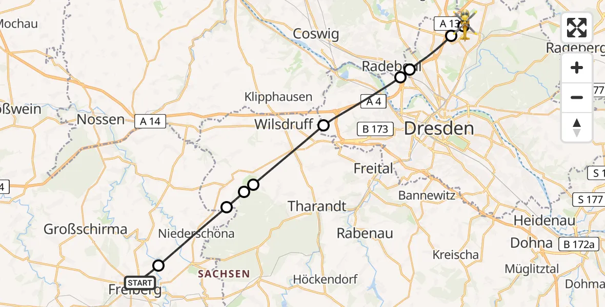 Routekaart van de vlucht: Rettungshubschrauber nach Dresden Bundespolizei Hubschrauberlandeplatz