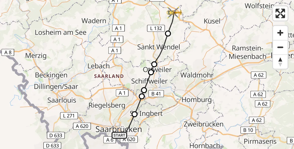 Flugroute Rettungshubschrauber Saarbrücken - Freisen, 03 April 2026, 12:36