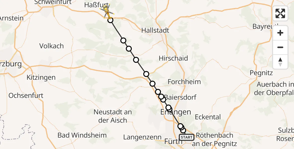 Flugroute Rettungshubschrauber Flughafen Nuremberg - Knetzgau, 03 April 2026, 12:54