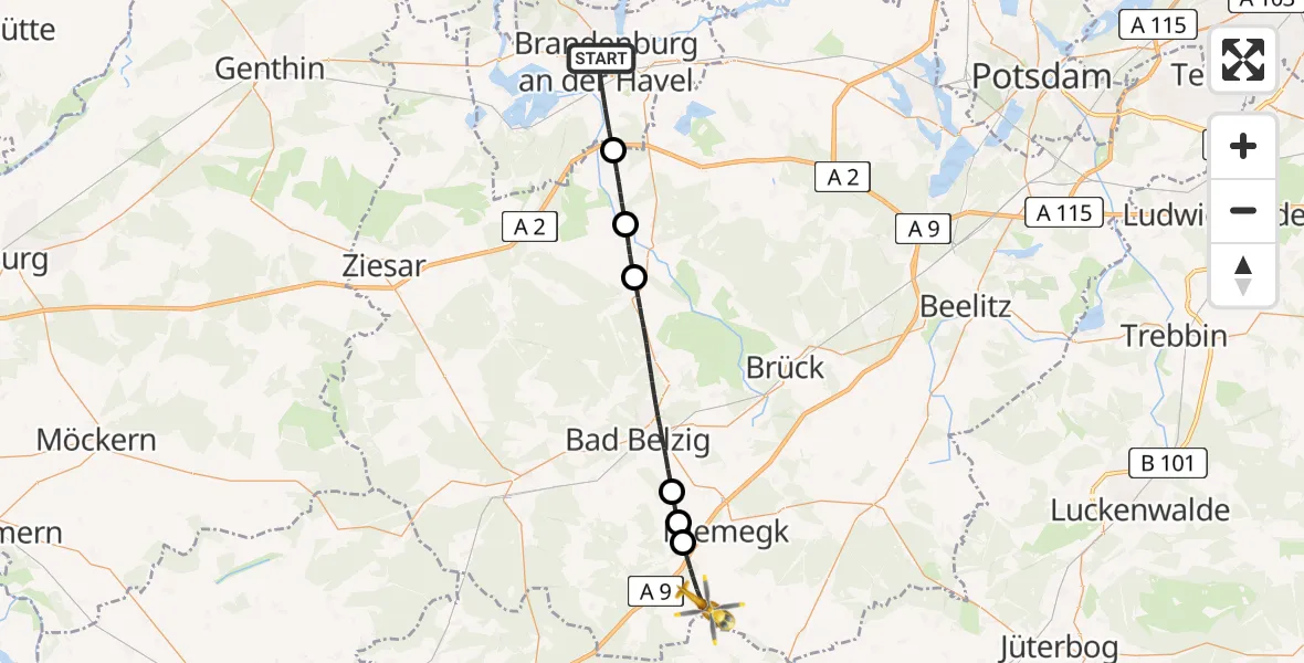 Flugroute Rettungshubschrauber Brandenburg an der Havel - Rabenstein/Fläming, 03 April 2026, 13:10