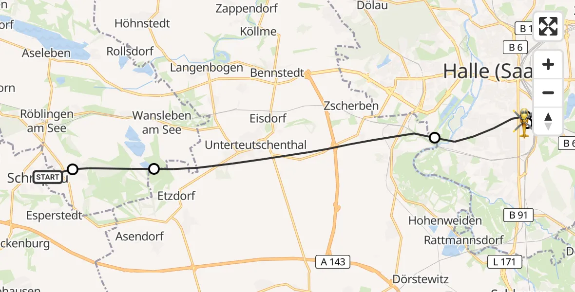Routekaart van de vlucht: Rettungshubschrauber nach BG Hospital Bergmannstrost Halle