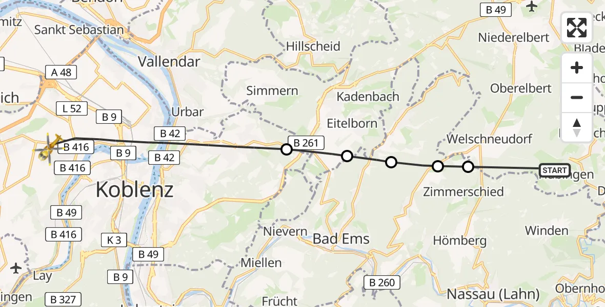 Routekaart van de vlucht: Rettungshubschrauber nach Koblenz, Rübenacher Straße