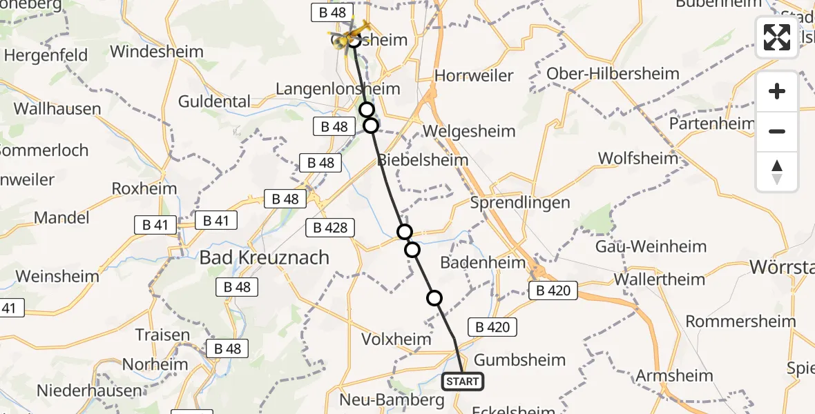 Routekaart van de vlucht: Rettungshubschrauber nach Flugplatz Langenlonsheim