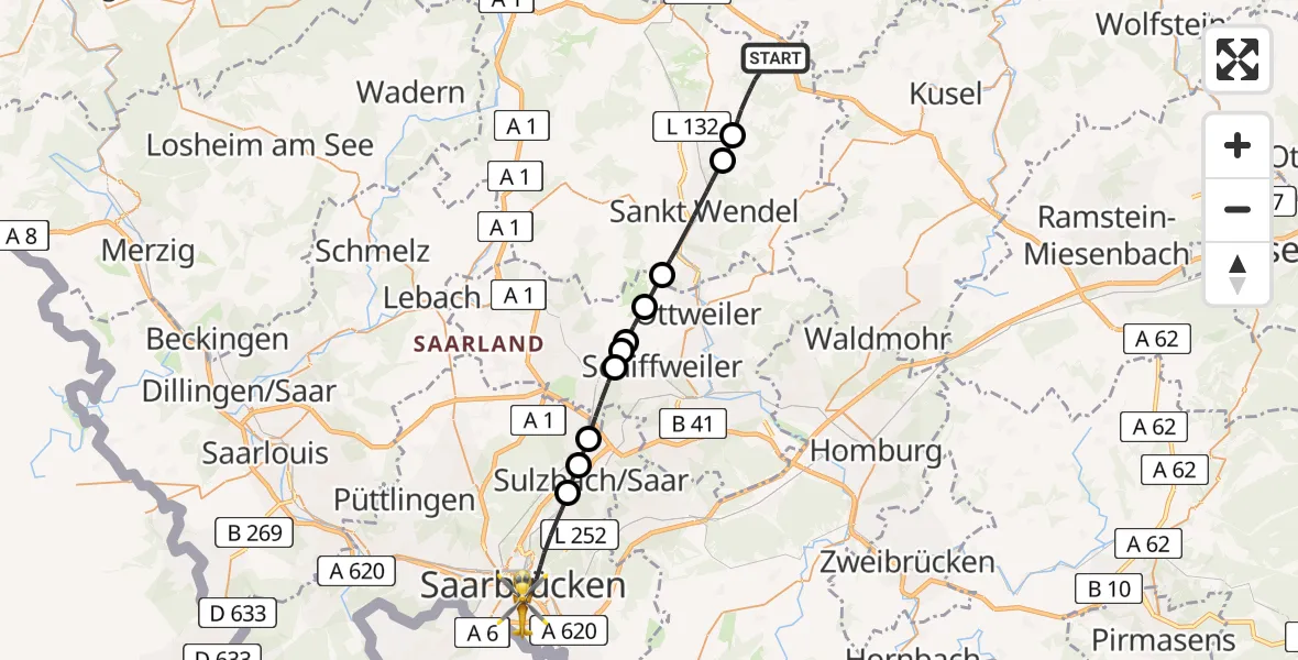 Routekaart van de vlucht: Rettungshubschrauber nach Saarbrücken, Winterberg