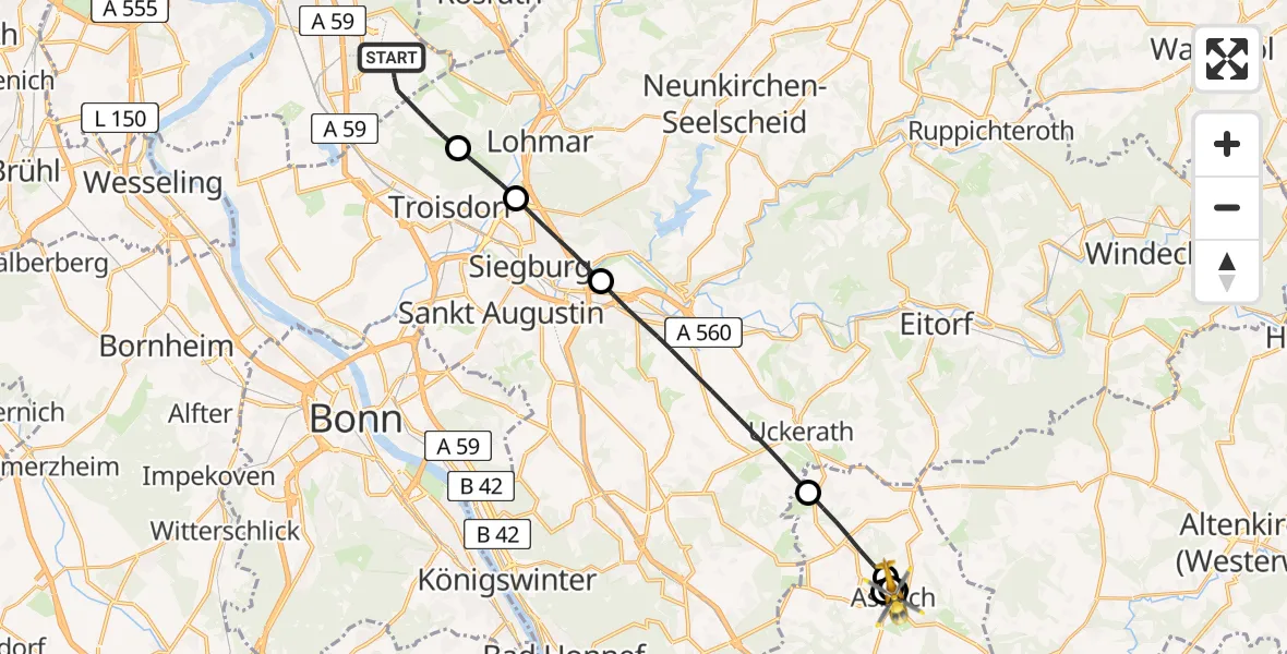 Flugroute Rettungshubschrauber Köln Bonn Flughafen - DRK Kamillus Hospital Asbach, 03 April 2026, 13:26