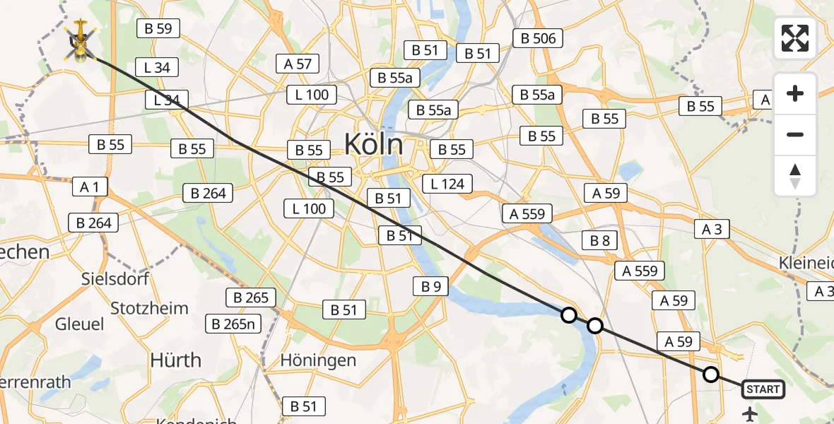 Routekaart van de vlucht: Ambulanzhubschrauber nach Köln, Neue Sandkaul
