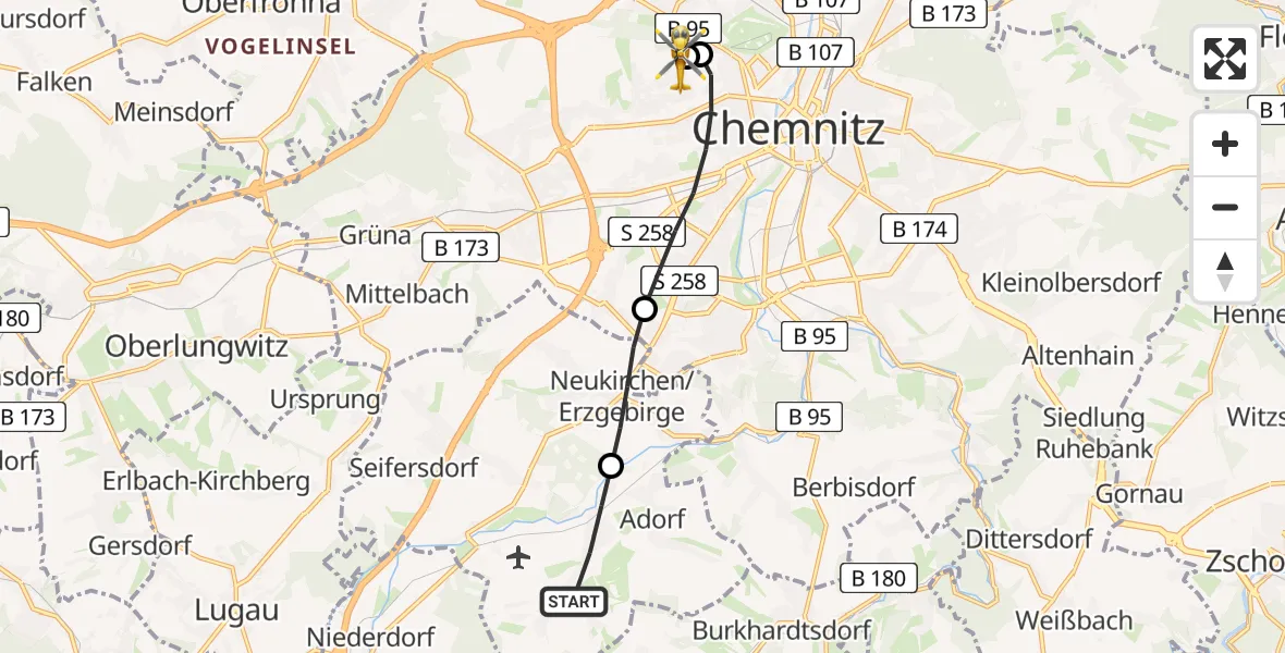 Routekaart van de vlucht: Rettungshubschrauber nach Flemmingstraße Hospital Rooftop