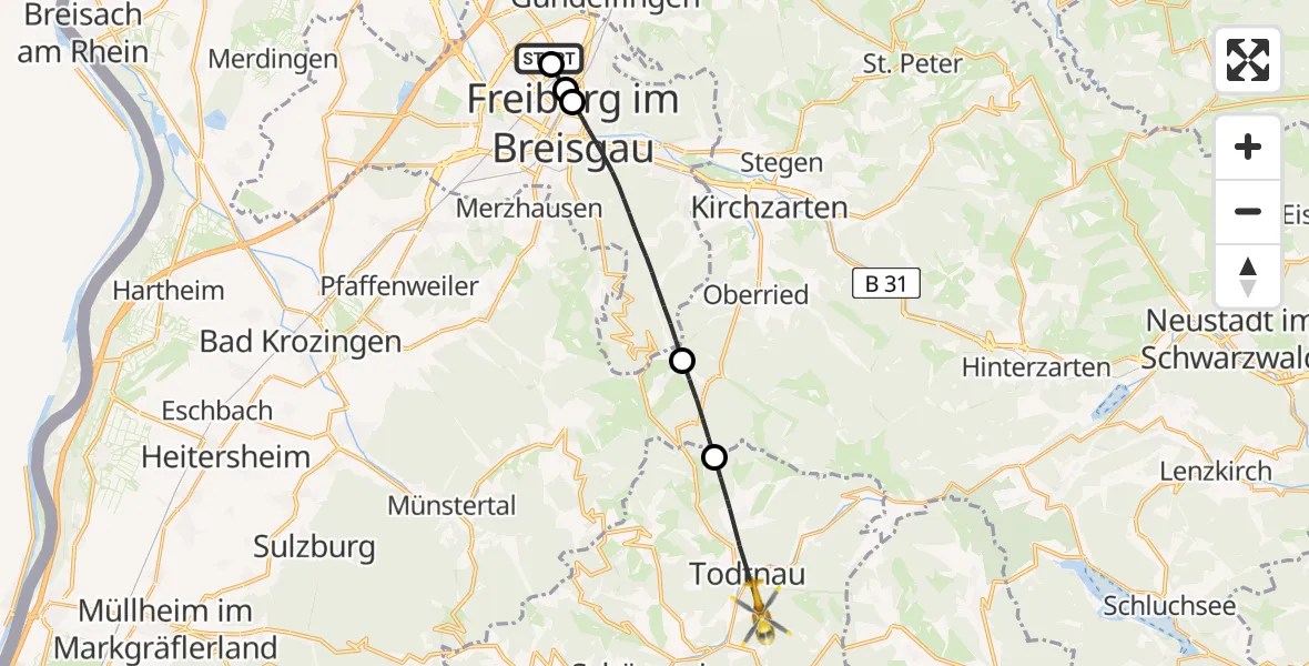 Flugroute Rettungshubschrauber Freiburg im Breisgau Flugplatz - Todtnau, 03 April 2026, 13:43