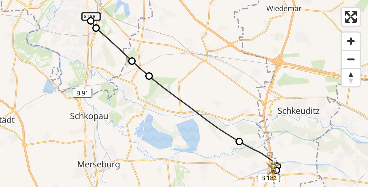 Routekaart van de vlucht: Rettungshubschrauber nach ADAC Air Rescue Station Leipzig/Schkeuditz-Dölzig Hubschrauberlandeplatz (Christoph 61)