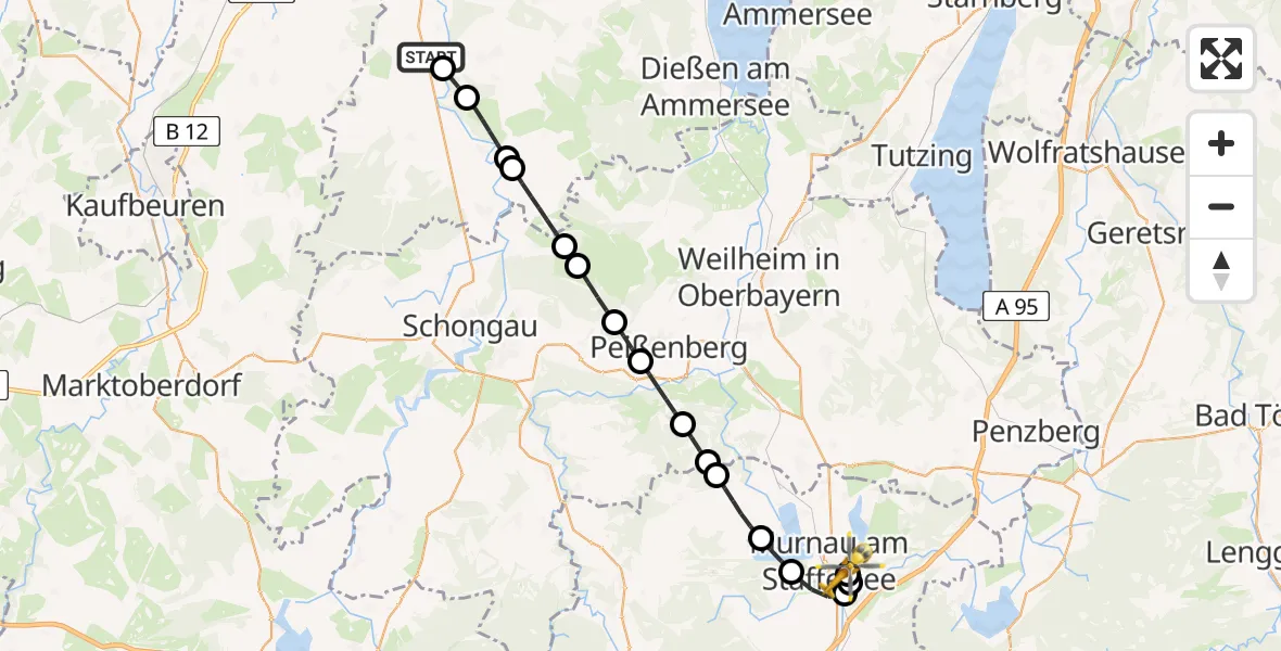 Routekaart van de vlucht: Rettungshubschrauber nach Murnau Accident Hospital