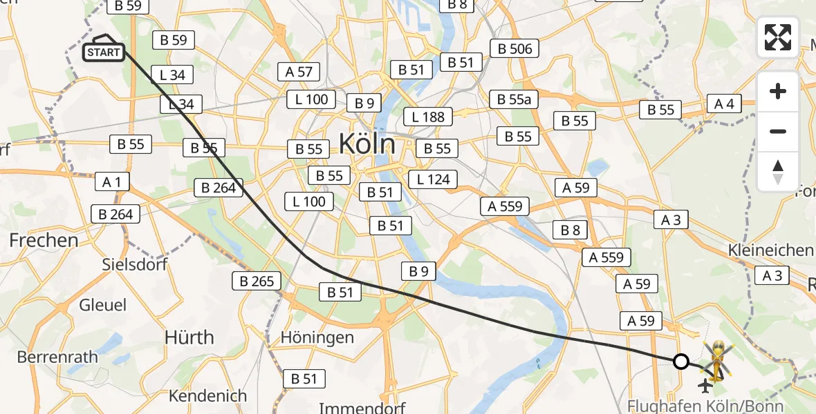 Routekaart van de vlucht: Ambulanzhubschrauber nach Köln Bonn Flughafen