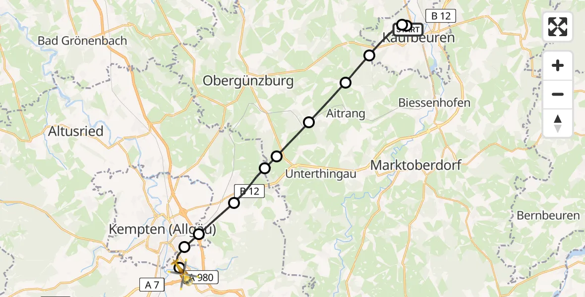 Routekaart van de vlucht: Rettungshubschrauber nach Kempten-Durach Flugplatz