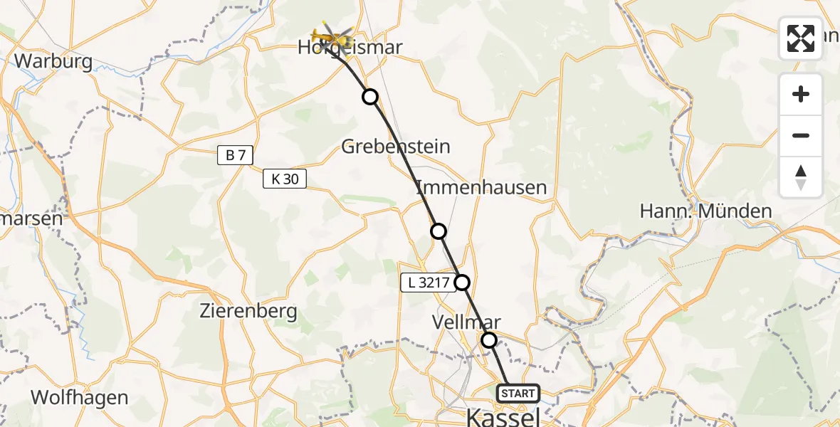 Routekaart van de vlucht: Rettungshubschrauber nach Hofgeismar, Hasengrund