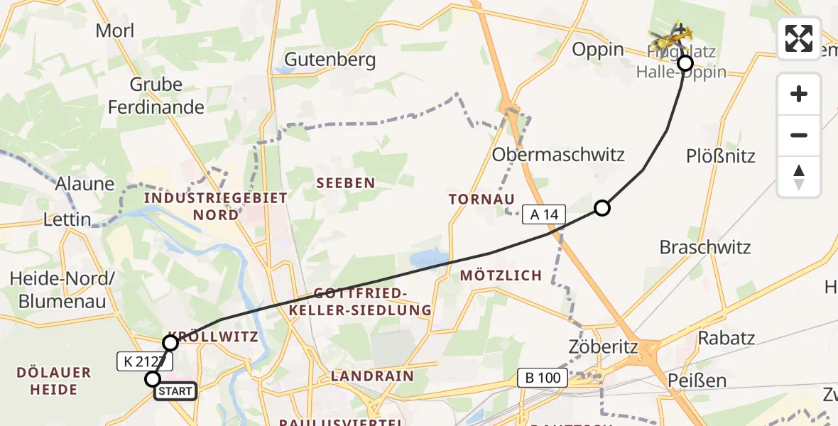 Routekaart van de vlucht: Ambulanzhubschrauber nach Halle-Oppin Flugplatz
