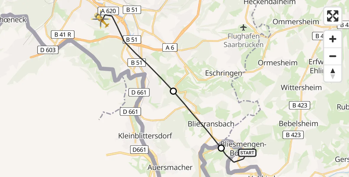 Routekaart van de vlucht: Rettungshubschrauber nach Saarbrücken, Winterberg