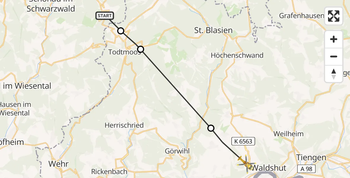 Routekaart van de vlucht: Rettungshubschrauber nach Waldshut-Tiengen, Zieglhüttenstraße