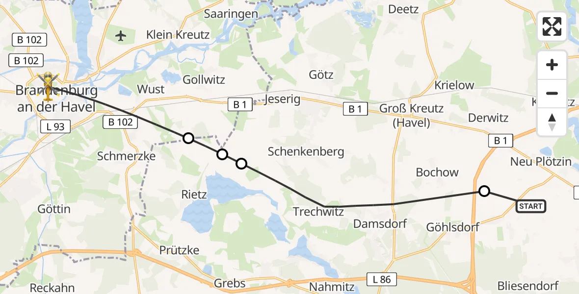 Routekaart van de vlucht: Rettungshubschrauber nach Brandenburg an der Havel, Triglafweg