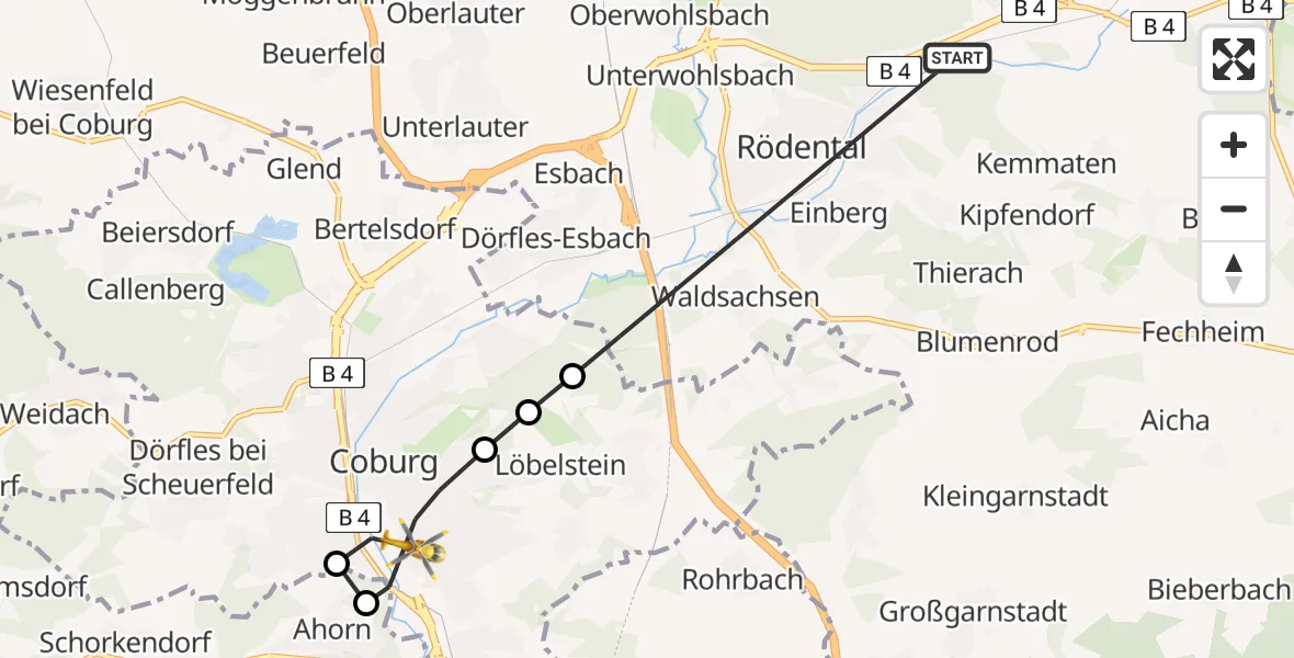 Routekaart van de vlucht: Ambulanzhubschrauber nach Regiomed Hospital Coburg Hubschrauberlandeplatz