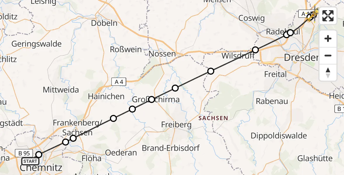 Routekaart van de vlucht: Rettungshubschrauber nach Dresden Bundespolizei Hubschrauberlandeplatz