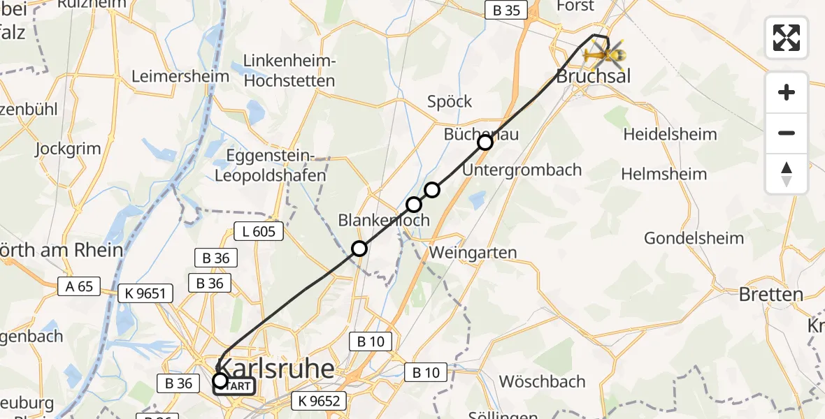 Flugroute Rettungshubschrauber Sankt Vincentius Hospital - Bruchsal, 03 April 2026, 14:41