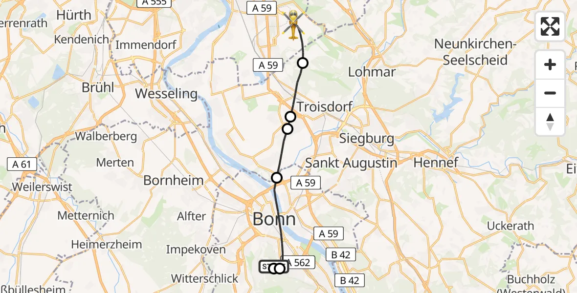 Flugroute Rettungshubschrauber Bonn University Hospital - Köln Bonn Flughafen, 03 April 2026, 14:45
