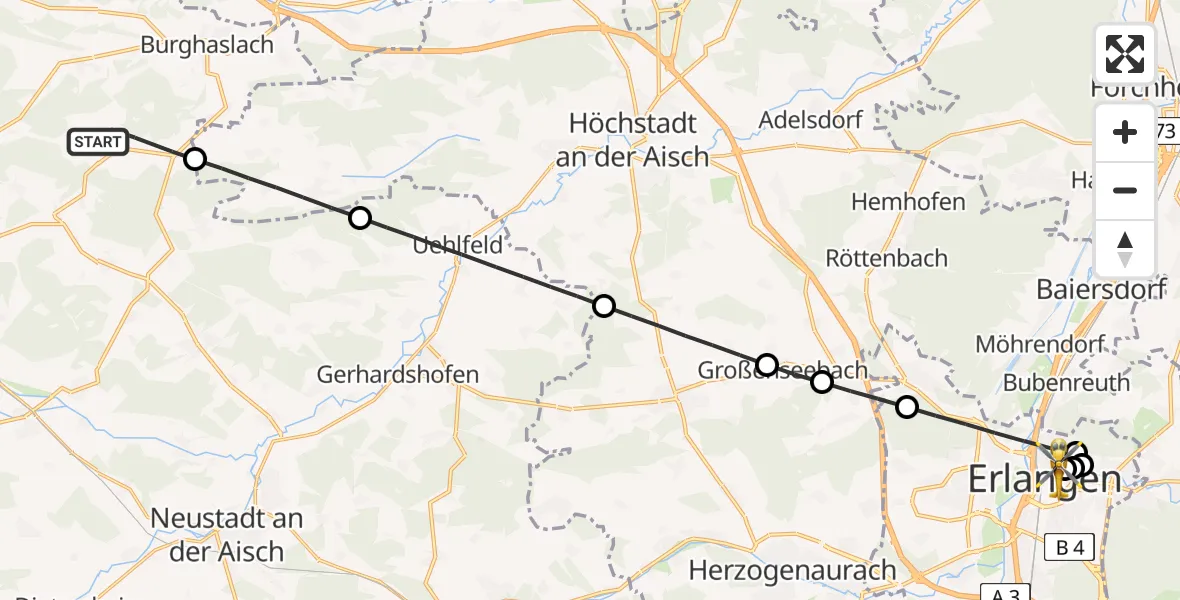 Routekaart van de vlucht: Ambulanzhubschrauber nach Erlangen University Hospital Rooftop