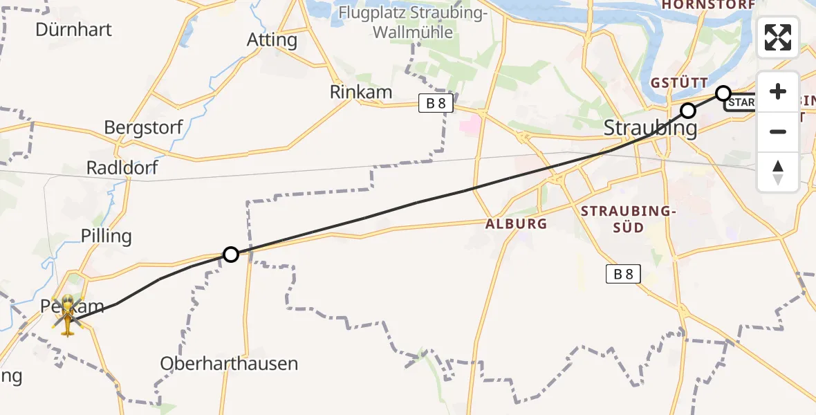 Flugroute Rettungshubschrauber Sankt Elisabeth Hospital Straubing - Perkam, 03 April 2026, 14:51