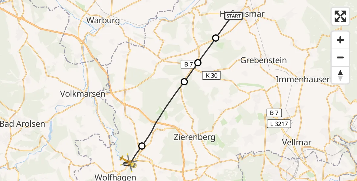 Routekaart van de vlucht: Rettungshubschrauber nach Wolfhagen, K 94